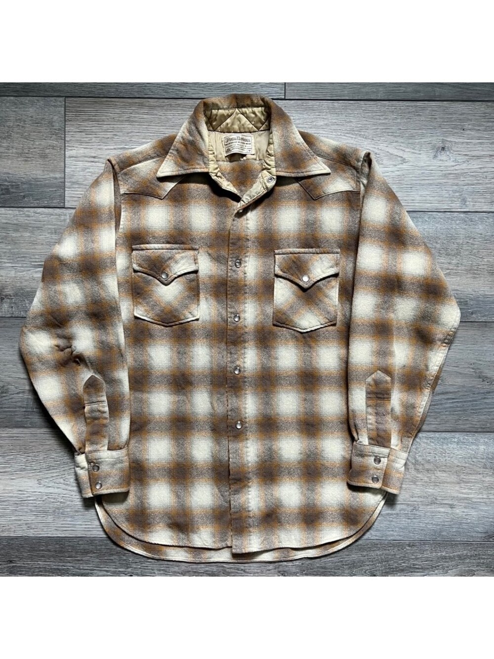 Vintage Pendleton Western Wear Men's M Pearl Snap Shirt Wool Plaid Brown Tan